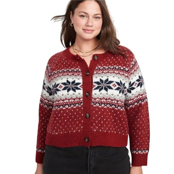 Old Navy Red White Fairisle Plussize Cardigan Sweater Size XXL - Picture 1 of 8